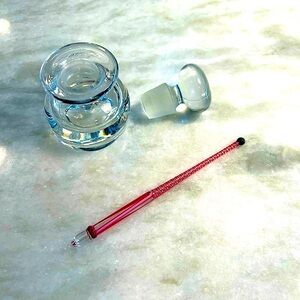 Antique blown ink well and stopper with pen zanfirico spiral in candy cane